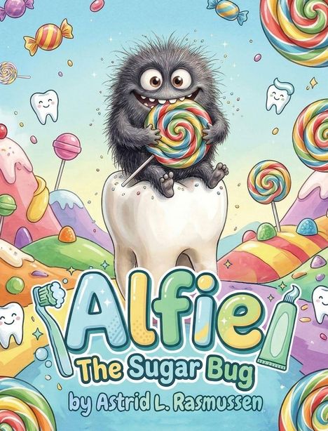 „Alfie! The Sugar Bug by Astrid L. Rasmussen“. Ein flauschiges Wesen sitzt auf einem Zahn, hält einen großen Lollipop.