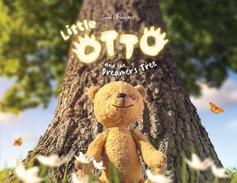 "Little Otto and the Dreamer's Tree" in verspielter Schrift. Ein lächelnder Teddybär steht vor einem großen Baum.