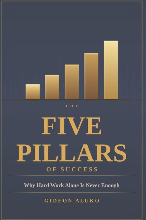 "The Five Pillars of Success" von Gideon Aluko. Fünf goldene Balken auf dunklem Hintergrund, die ansteigen.