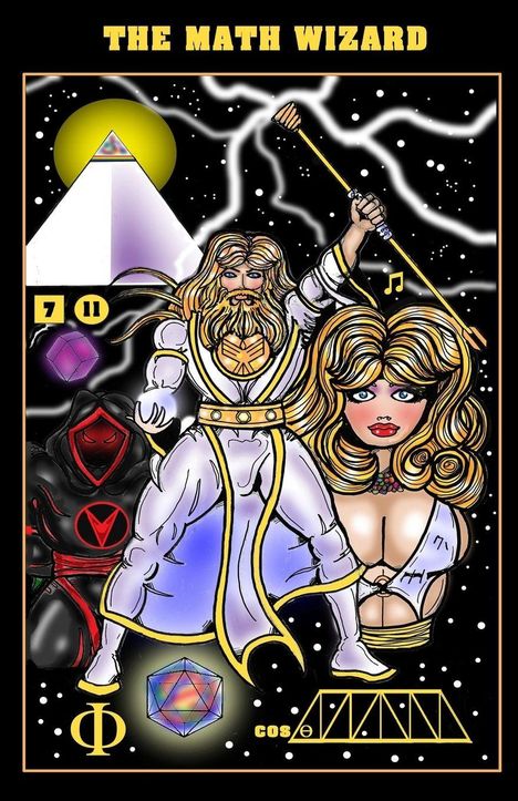 "THE MATH WIZARD" steht oben. Eine muskulöse Figur in einem weißen Kostüm mit Stab, Blitze und geometrische Symbole.