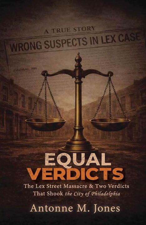 Zeitungstitel: "WRONG SUSPECTS IN LEX CASE". Balance-Waage vor einer Straße; Buch: "EQUAL VERDICTS" von Antonne M. Jones.