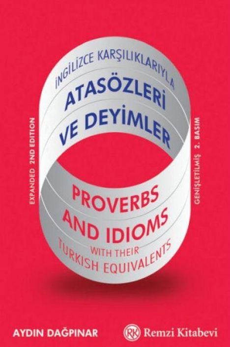 Der Text zeigt Sprichwörter und Redewendungen auf Türkisch und Englisch, umgeben von einem weißen Band auf rotem Hintergrund.