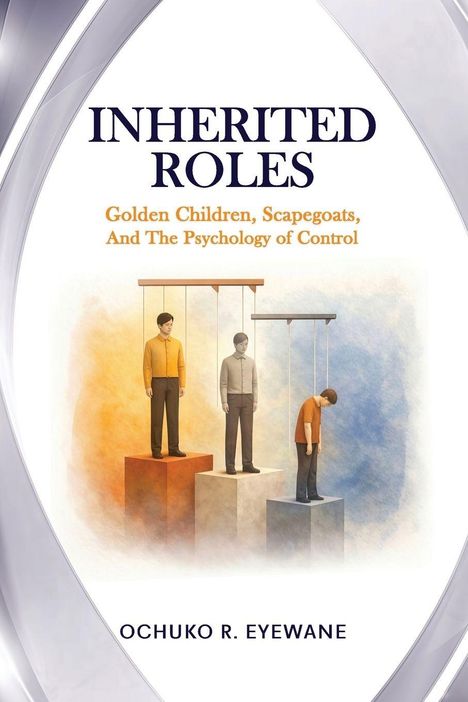 "INHERITED ROLES" zeigt drei Personen als Marionetten auf verschieden hohen Podesten in einem Farbverlaufshintergrund.