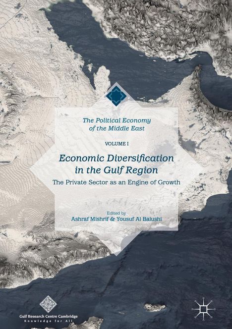Titel: "Economic Diversification in the Gulf Region". Satelittenbild einer Küstenlinie mit Wüsten- und Gebirgslandschaft.