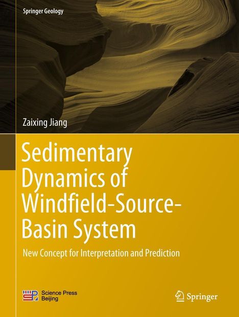 "Springer Geology", "Zaixing Jiang", Titel: "Sedimentary Dynamics of Windfield-Source-Basin System", gelb und braune Gesteinsformation.