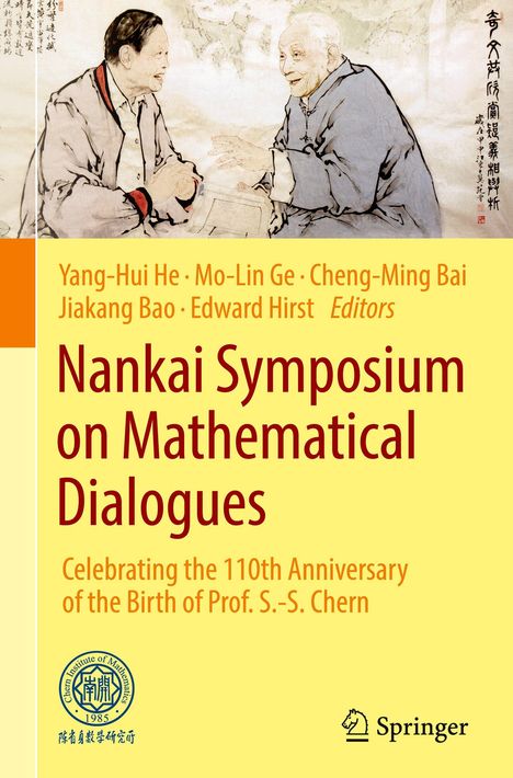 Titel: Nankai Symposium on Mathematical Dialogues. Illustration von zwei älteren asiatischen Männern im Gespräch.