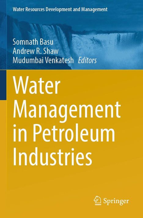 Text: "Water Management in Petroleum Industries." Oben ein Wasserfall, unten ein gelber Bereich mit Schrift. Springer-Logo.