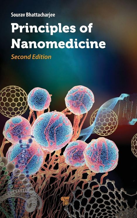 "Principles of Nanomedicine, Second Edition." Illustration bunter, abstrakter Zellen und Strukturen auf dunklem Hintergrund.