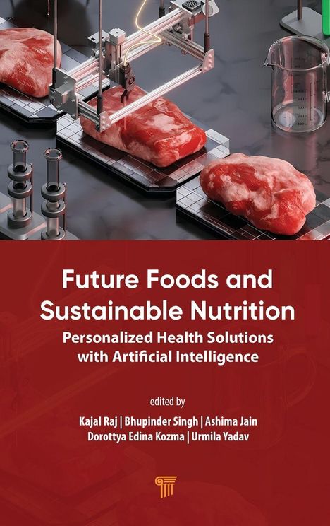 „Future Foods and Sustainable Nutrition“ steht über künstlich hergestelltem Fleisch in einer Laborumgebung.