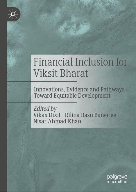 „Financial Inclusion for Viksit Bharat“ in Grau auf abstraktem grünlichem Hintergrund mit einem schlichten Logo.