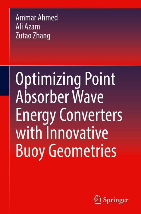 Text: "Optimizing Point Absorber Wave Energy Converters with Innovative Buoy Geometries." Roter Hintergrund, Springer-Logo unten.