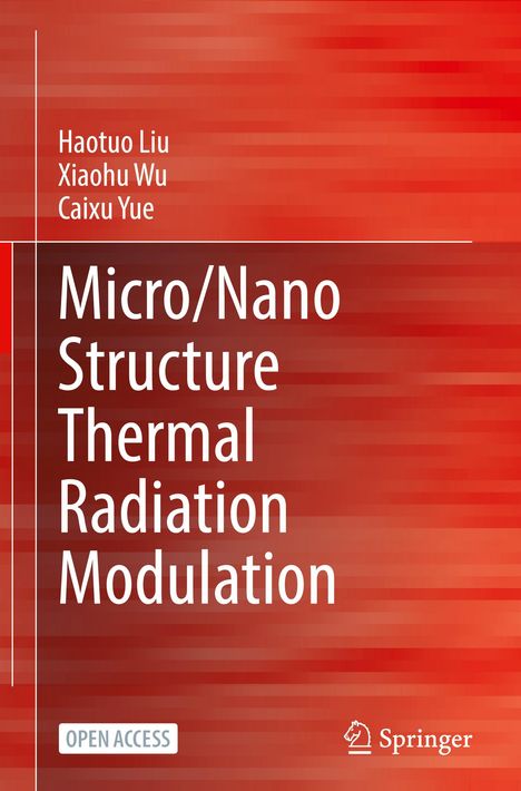 Titel: "Micro/Nano Structure Thermal Radiation Modulation." Namen: Haotuo Liu, Xiaohu Wu, Caixu Yue. Roter geometrischer Hintergrund.