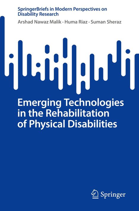 Blauer Hintergrund mit weißen Linien oben. Text: "Emerging Technologies in the Rehabilitation of Physical Disabilities". Springer-Logo.