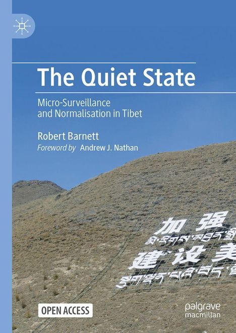 "The Quiet State" Buchcover, Berglandschaft mit großem Schriftzeichen darauf, hellblauer Himmel, autorisiert von Robert Barnett.