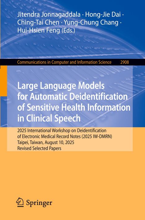 Titel: Large Language Models for Automatic Deidentification. Hintergrund in Blau und Orange mit Springer-Logo unten.