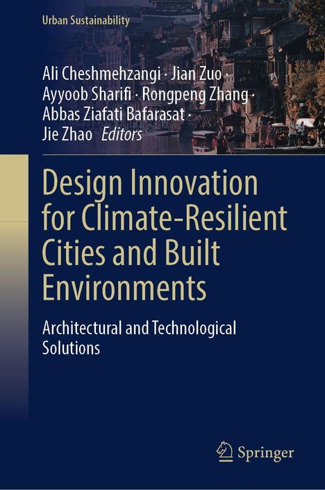 Texts: "Design Innovation for Climate-Resilient Cities and Built Environments." Stadtbild im Hintergrund. Springer-Logo unten.