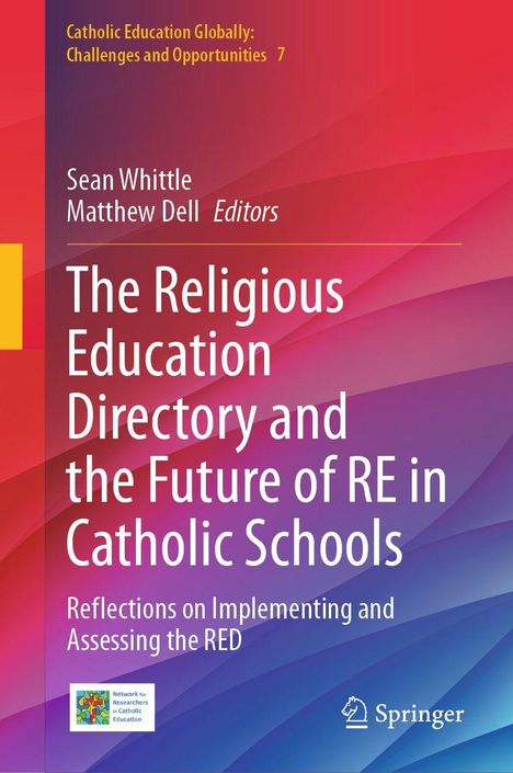 "The Religious Education Directory and the Future of RE in Catholic Schools." Bunte, geschwungene Farbhintergründe.