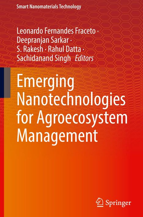Buchtitel: "Emerging Nanotechnologies for Agroecosystem Management", Autoren: Leonardo Fernandes Fraceto et al. Farbiges Design.