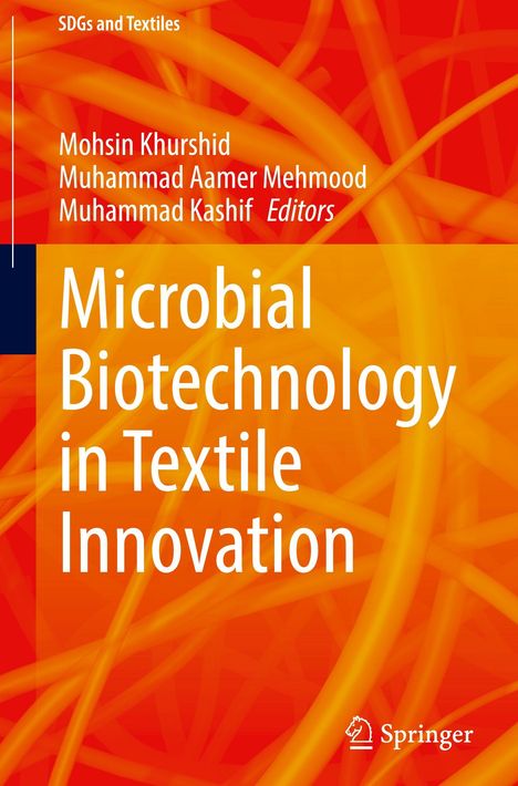 Microbial Biotechnology in Textile Innovation - Buchtitel in weißer Schrift auf einem orangenen Hintergrund mit abstrakten Linien.