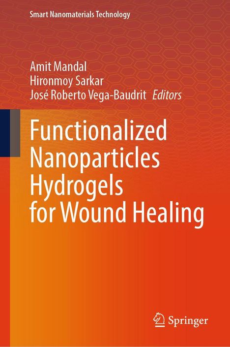 Titel: "Functionalized Nanoparticles Hydrogels for Wound Healing." Autoren: Amit Mandal, Hironmoy Sarkar, José Roberto Vega-Baudrit. Hintergrund in Rot-Orangentönen. Oben links: "Smart Nanomaterials Technology". Unten rechts ein Springer-Logo.