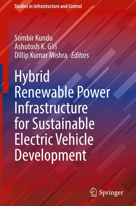 Titel: Hybrid Renewable Power Infrastructure for Sustainable Electric Vehicle Development. Oben links Namen der Herausgeber. Hintergrund: Rot-blaue geometrische Muster.