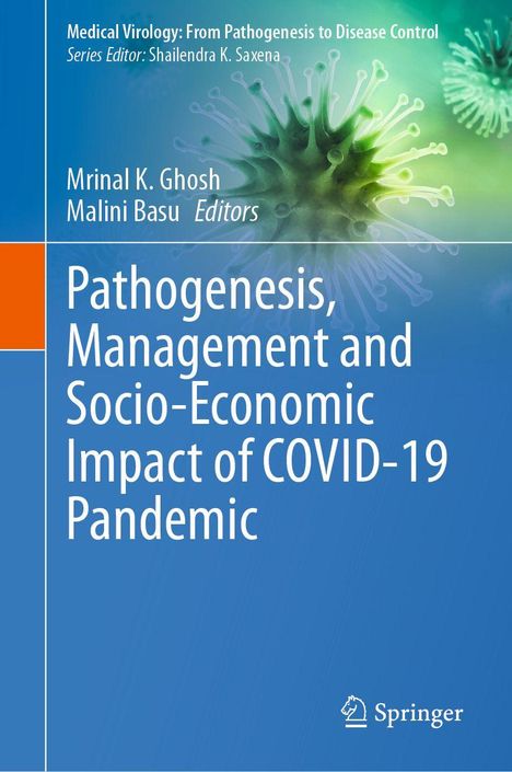 Blau-grüne Illustration mit Viren, Text über COVID-19 Pathogenese und Management. Autoren: Mrinal K. Ghosh, Malini Basu.