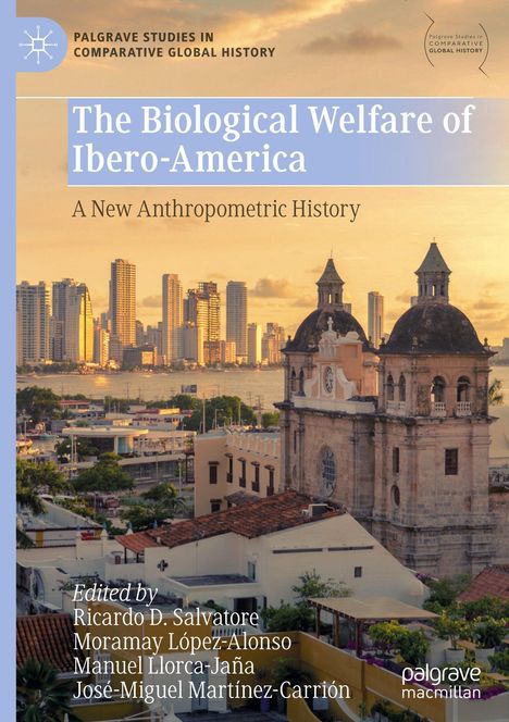 "The Biological Welfare of Ibero-America" steht über einer Stadtansicht mit historischer Architektur und moderner Skyline.