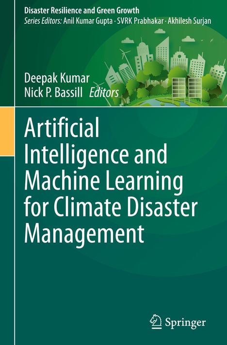 Titel: Artificial Intelligence and Machine Learning for Climate Disaster Management. Illustration: Stadt und Windräder.