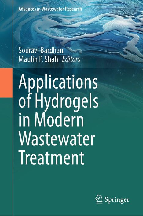 "Applications of Hydrogels in Modern Wastewater Treatment" steht in großen weißen Buchstaben auf einem blauen Wasser-Hintergrund.