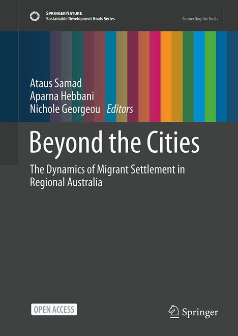 "Beyond the Cities: The Dynamics of Migrant Settlement in Regional Australia". Bunte vertikale Streifen, Springer-Logo.