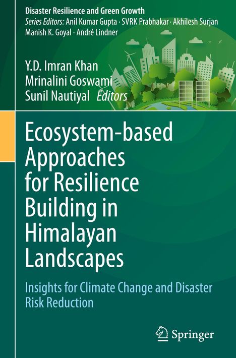 Covertext über ökologische Ansätze zur Resilienz im Himalaya. Illustration von umweltfreundlicher Stadt mit Windrädern.
