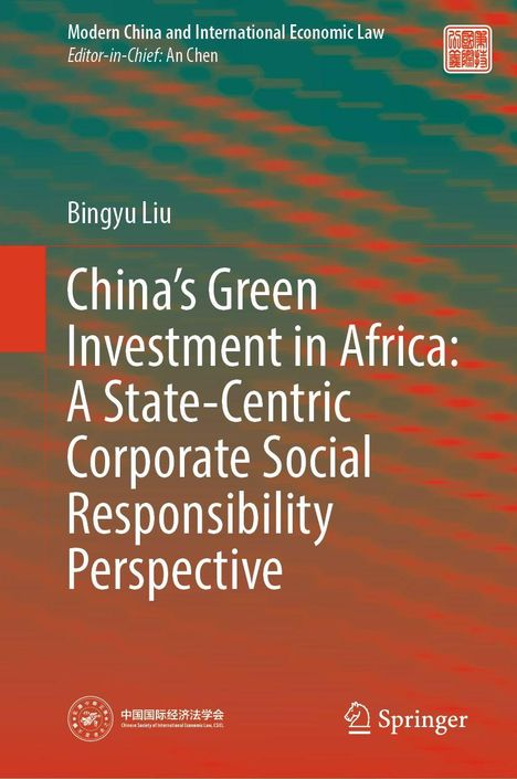 "China's Green Investment in Africa" von Bingyu Liu behandelt staatliche CSR-Perspektiven. Rotes abstraktes Muster, Logos unten.