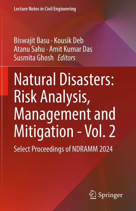 „Lecture Notes in Civil Engineering“, „Natural Disasters: Risk Analysis, Management and Mitigation - Vol. 2“. Rote und lila Farbverläufe.