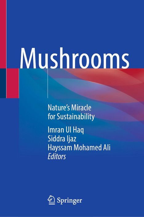 "Mushrooms: Nature’s Miracle for Sustainability" von Imran Ul Haq, Siddra Ijaz, Hayssam Mohamed Ali. Logo von Springer. Hintergrund blau mit Muster.
