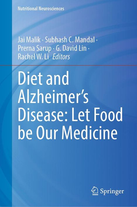 Blauer Hintergrund, "Diet and Alzheimer’s Disease: Let Food be Our Medicine". Oben Autoren, unten Springer-Logo.