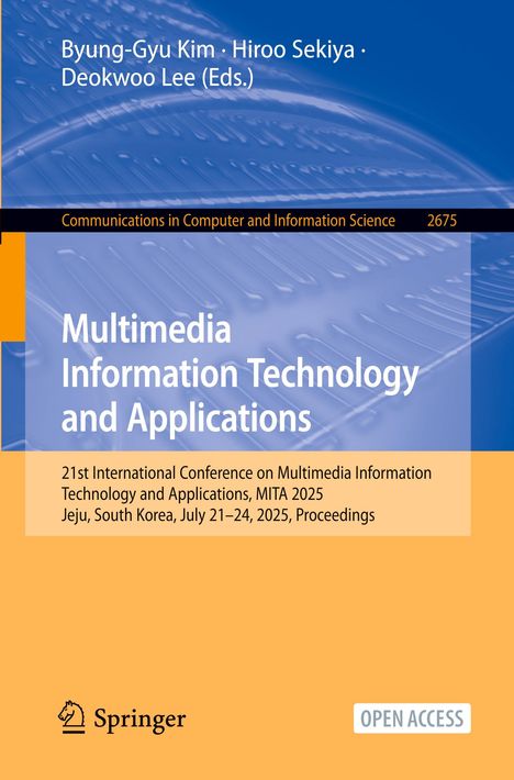 Blau-orangener Buchumschlag mit Text: "Multimedia Information Technology and Applications," Konferenzdetails, Springer-Logo.