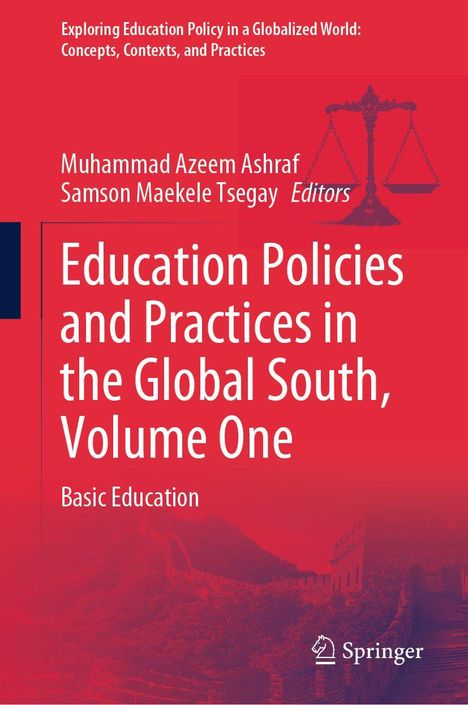 "Education Policies and Practices in the Global South, Volume One" in Weiß auf rotem Hintergrund, Waage-Illustration.