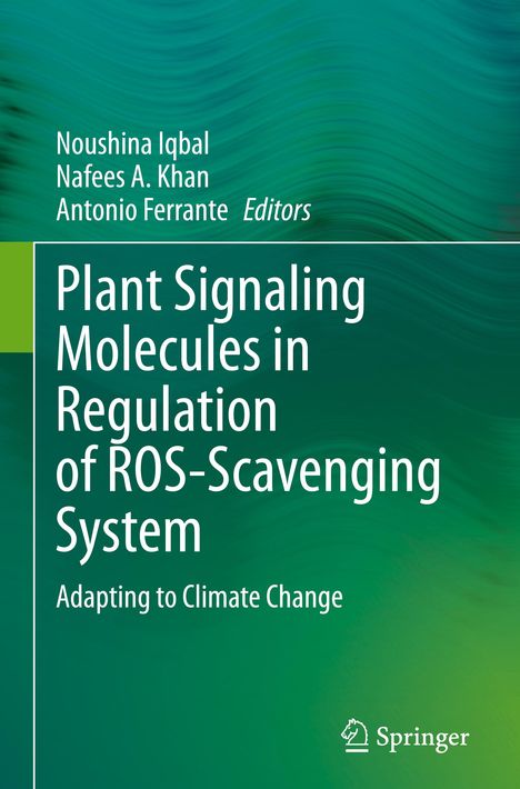 Buchtitel: Plant Signaling Molecules in Regulation of ROS-Scavenging System. Hintergrund in grün mit wirbelnden Mustern.