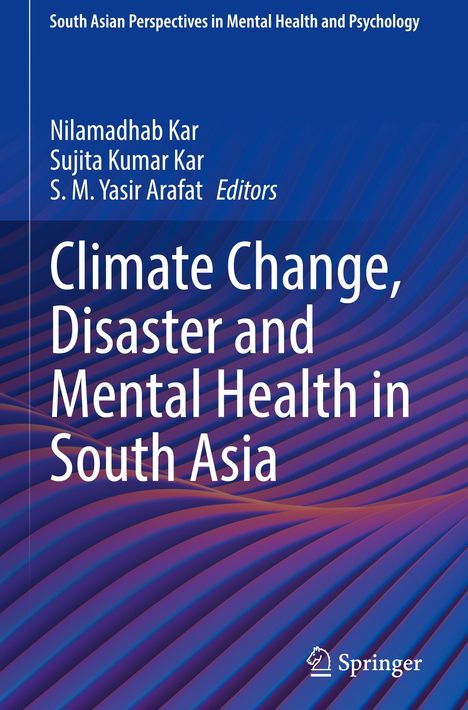 "Climate Change, Disaster and Mental Health in South Asia" vor einem wellenförmigen, bunten Hintergrund. Springer-Logo unten.