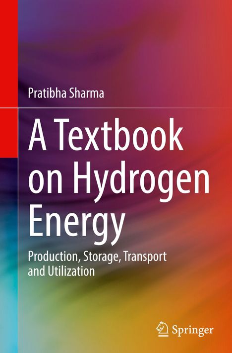 Text: "Pratibha Sharma, A Textbook on Hydrogen Energy, Production, Storage, Transport and Utilization." Buntes, verschwommenes Hintergrundmuster.