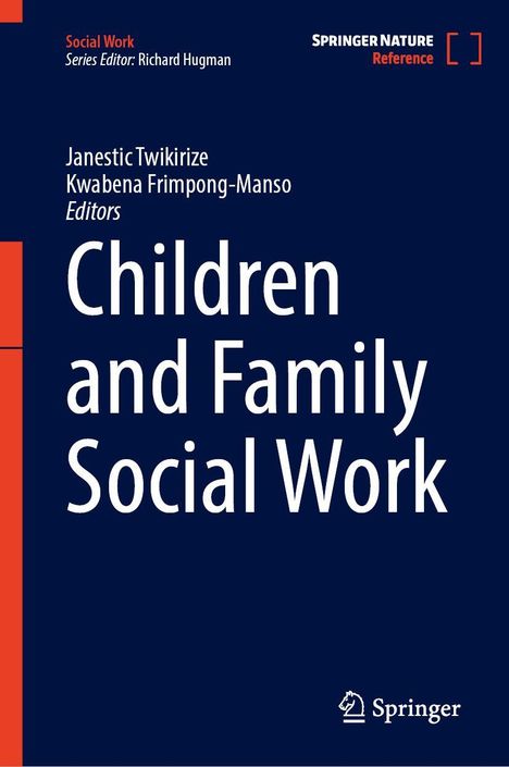 Blauer Hintergrund, Text "Children and Family Social Work". Links oben rote Leiste "Social Work". Springer-Logo unten rechts.