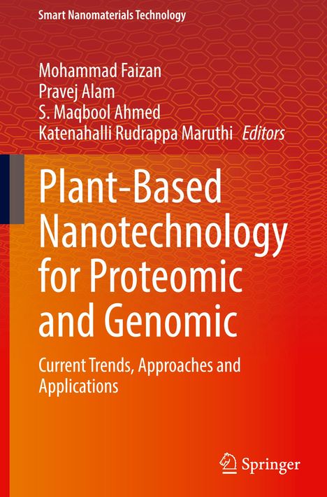 „Plant-Based Nanotechnology for Proteomic and Genomic“ steht zentral auf einem orange-roten Hintergrund mit Wabenmuster.