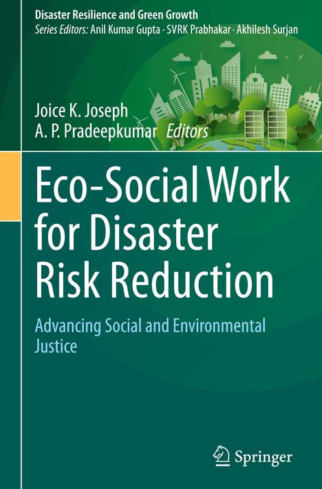 Titel: "Eco-Social Work for Disaster Risk Reduction". Grüner Hintergrund, Stadt-Silhouette mit Windrädern, Logo unten.