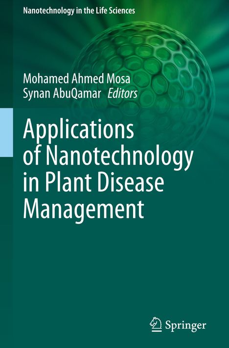 Oben: "Nanotechnology in the Life Sciences". Titel: "Applications of Nanotechnology in Plant Disease Management". Grüne abstrakte Blasenoptik.