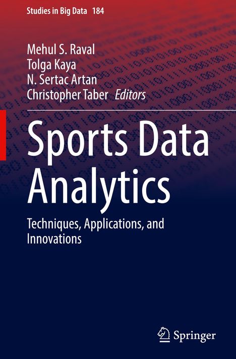 "Sports Data Analytics" auf blauem Hintergrund; Titel, Herausgeber und Verlag. Binary-Code im Hintergrund.