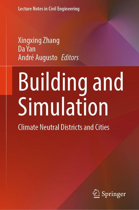 „Lecture Notes in Civil Engineering“, „Building and Simulation“, dynamisches, rotes Hintergrunddesign, Springer-Logo.