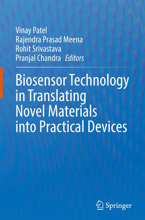 Text: "Biosensor Technology in Translating Novel Materials into Practical Devices." Blaues Cover mit Autoren und Springer-Logo.