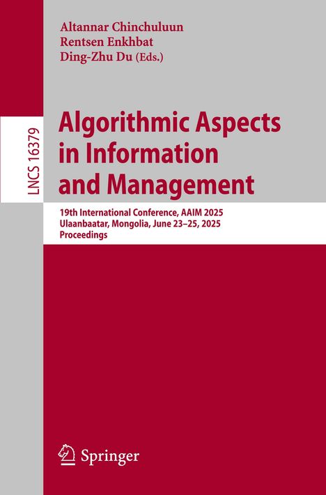 Texte: Titel "Algorithmic Aspects in Information and Management", Konferenzdetails, rote und graue Farbtöne, Springer-Logo.
