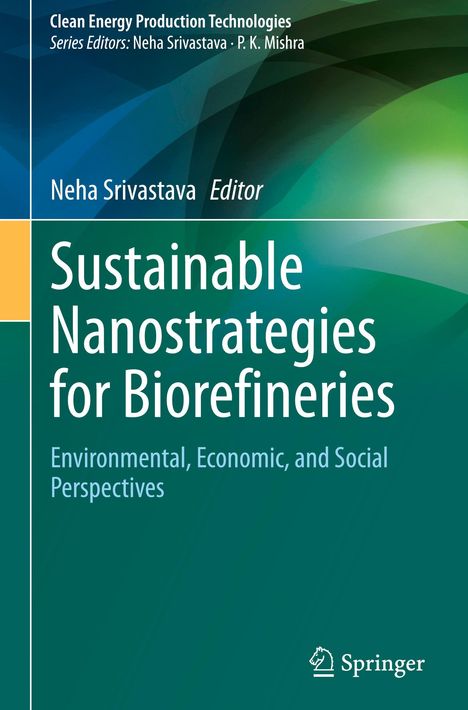 "Sustainable Nanostrategies for Biorefineries." Grünes Cover mit blauer und gelber Farbverläufen. Springer-Logo unten.