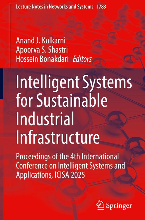 Der Text beschreibt ein Buch über "Intelligent Systems for Sustainable Industrial Infrastructure", Konferenz ICISA 2025. Hintergrund: Molekülstruktur.